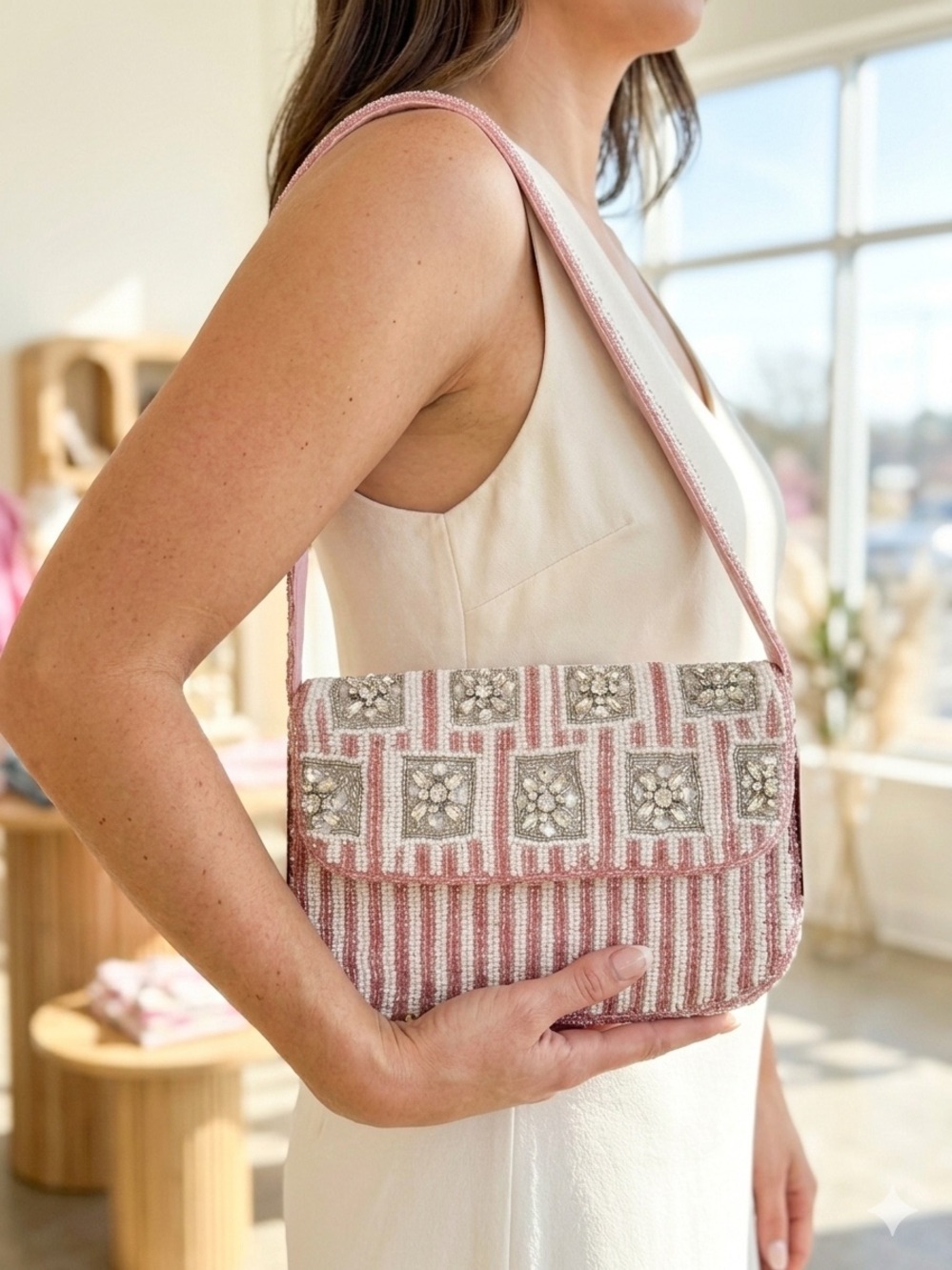 Studio 12 Pink White Beaded Rhinestone Shoulder Bag Handcrafted India